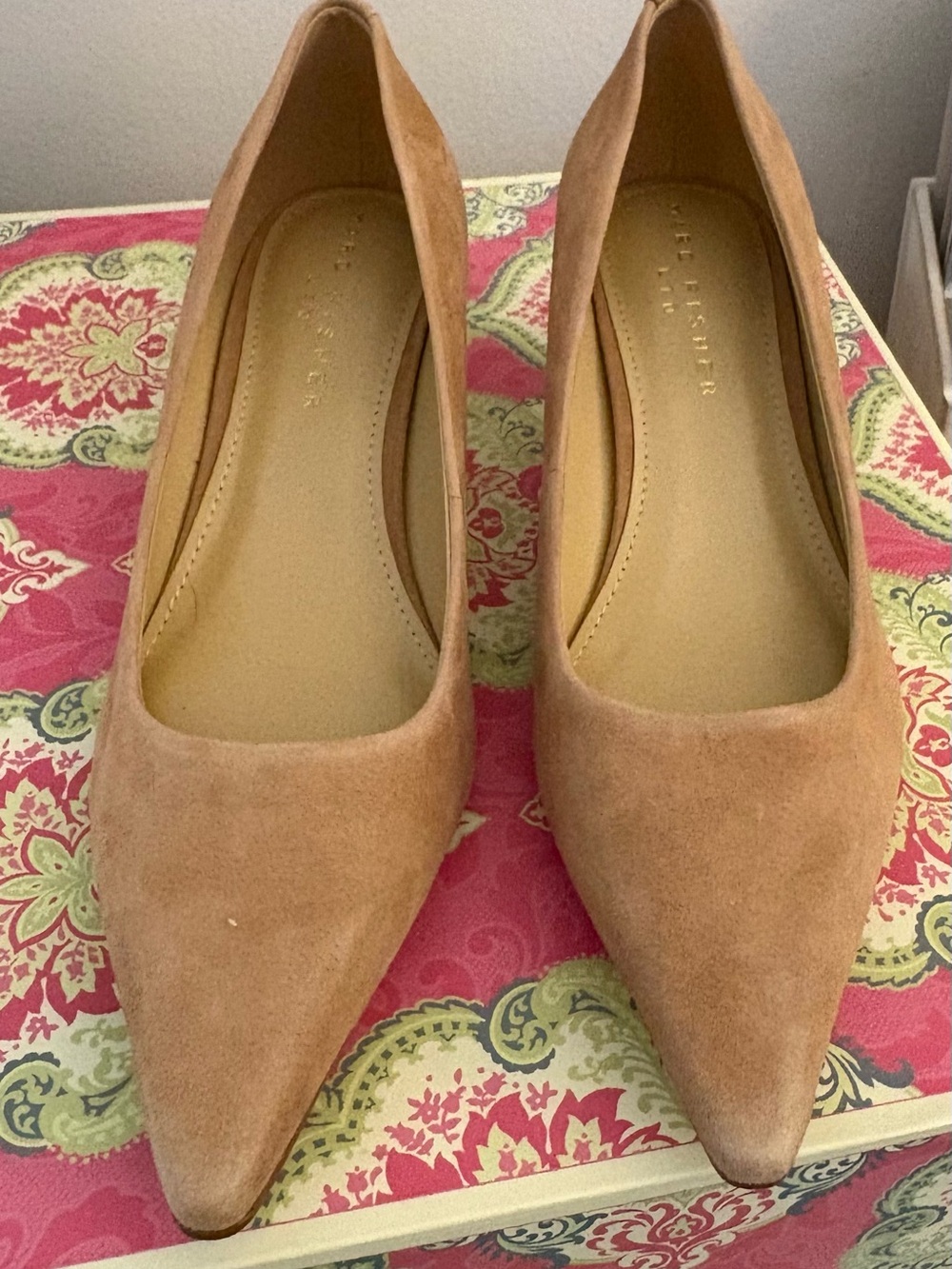 Marc Fisher Pointed Toe Suede Pumps, kitten heels, in Camel Tan